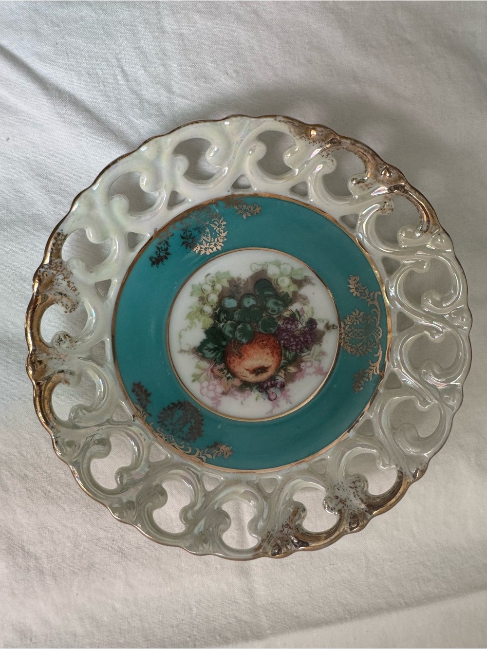Turquoise and Gold Fruit Motif Decorative Ceramic Plate